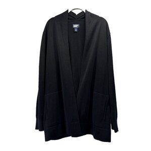 Lands End Women's Open Cardigan Knit Sweater XL Solid Black Pockets Long Sleeve